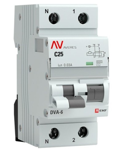 DVA-6 1P+N 25А (C) 30мА (AC) 6кА  AVERES (rcbo6-1pn-25C-30-ac-av). Автоматический выключатель дифференциального тока. EKF в Королеве