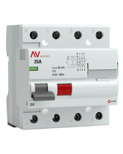 DV 4P 25А/ 30мА (AC)  AVERES (rccb-4-25-30-ac-av). Выключатели дифференциального тока (УЗО). EKF в Королеве