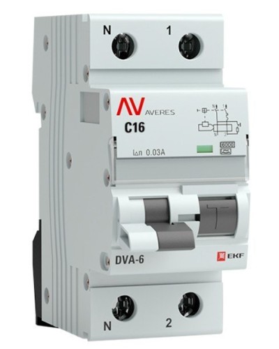 DVA-6 1P+N 16А (C) 30мА (A) 6кА  AVERES (rcbo6-1pn-16C-30-a-av). Автоматический выключатель дифференциального тока. EKF в Королеве
