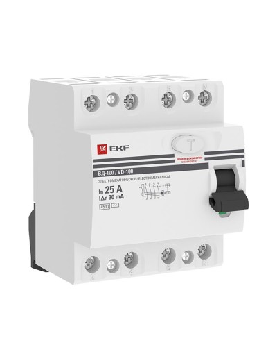 УЗО ВД-100 4P 25А 30мА тип AC эл-мех  PROxima (elcb-4-25-30-em-pro). Выключатель дифференциального тока (УЗО). EKF в Королеве