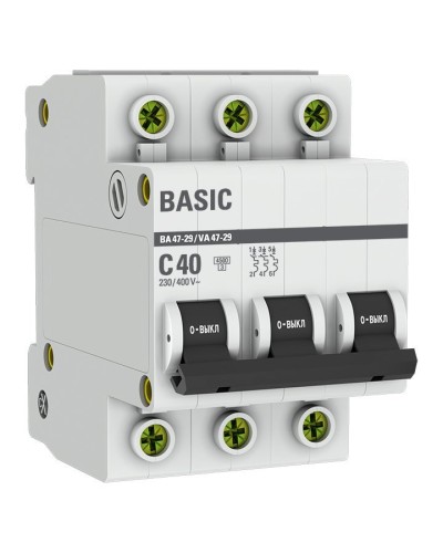 Автоматический выключатель 3P 40А (C) 4,5кА ВА 47-29 Basic (mcb4729-3-40C). Автоматический выключатель. EKF в Королеве