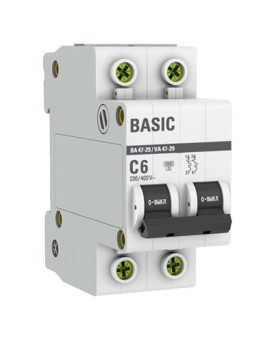 Автоматический выключатель 2P 6А (C) 4,5кА ВА 47-29 Basic (mcb4729-2-06C). Автоматический выключатель. EKF в Королеве