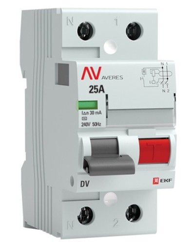 DV 2P 25А/ 30мА (A)  AVERES (rccb-2-25-30-a-av). Выключатели дифференциального тока (УЗО). EKF в Королеве